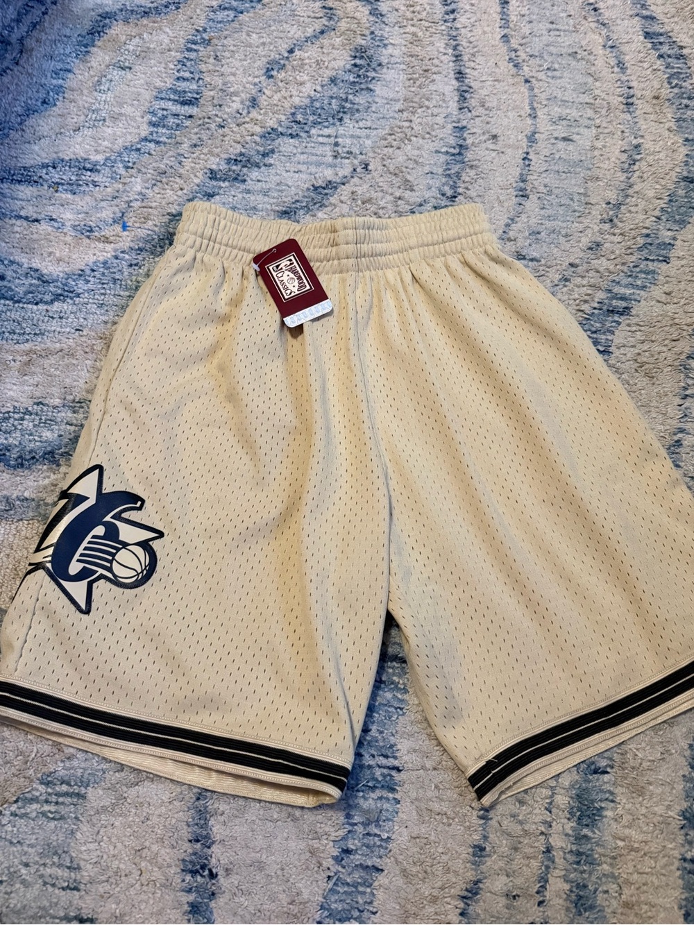 Mitchell & Ness Cream Athletic Mesh Shorts with Navy Logo